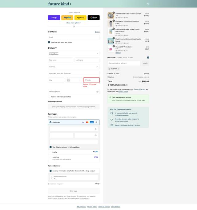 Future Kind checkout page showing Future Kind discount code box | Screenshot taken by SimplyCodes community member on Sep 10, 2025
