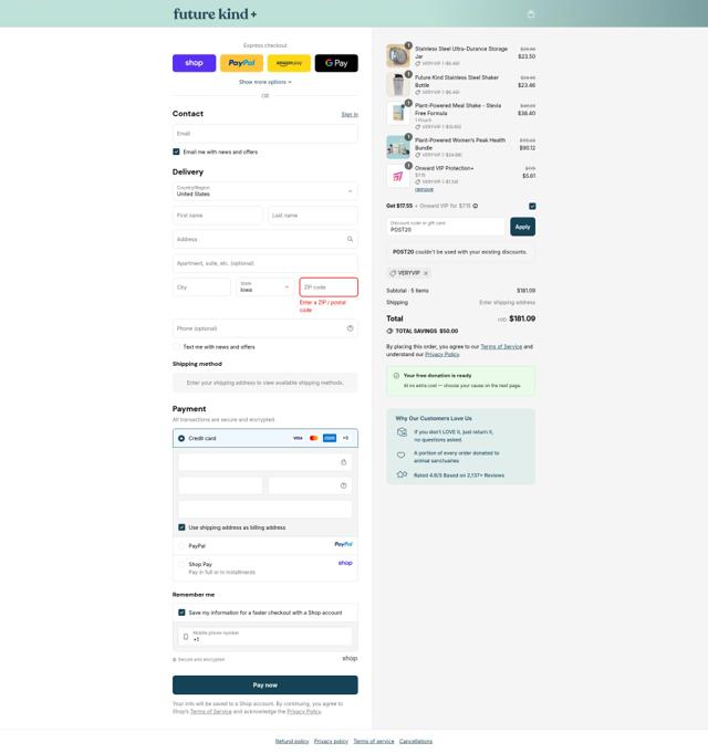 Future Kind checkout page showing Future Kind discount code box | Screenshot taken by SimplyCodes community member on Sep 10, 2025