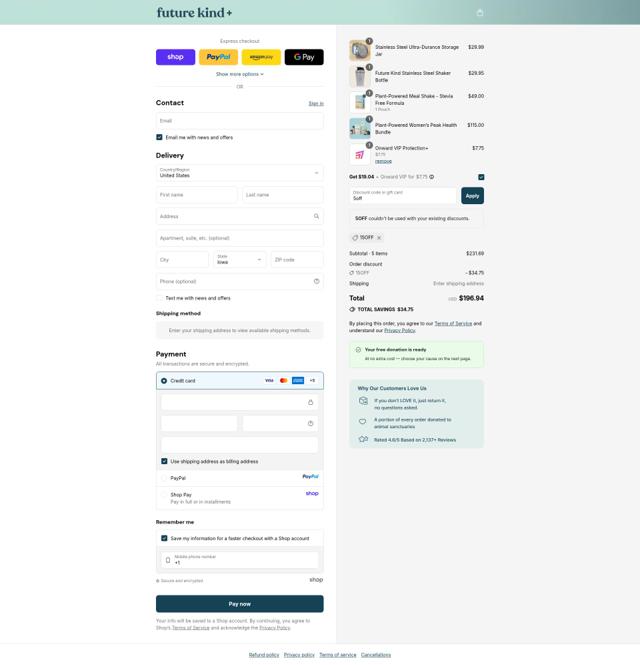 Future Kind checkout page showing Future Kind discount code box | Screenshot taken by SimplyCodes community member on Sep 10, 2025