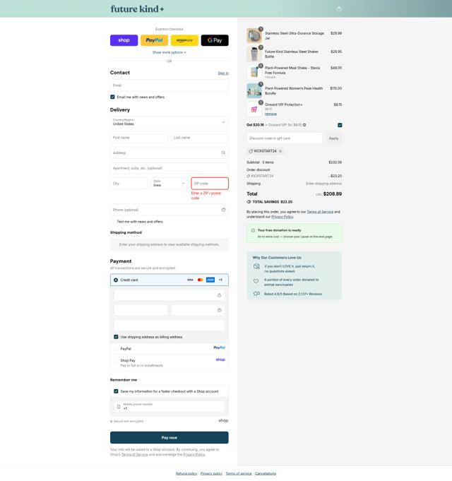 Future Kind checkout page showing Future Kind discount code box | Screenshot taken by SimplyCodes community member on Sep 10, 2025