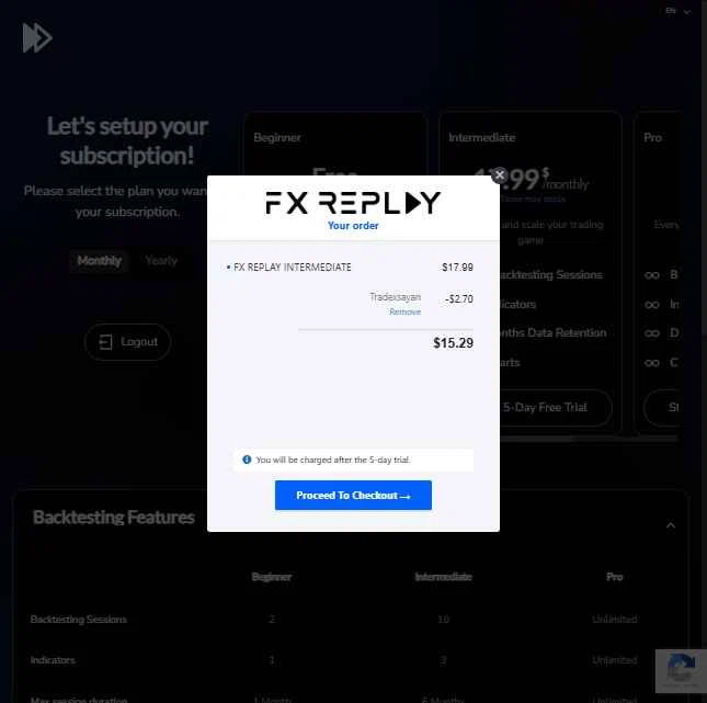 FX Replay checkout page showing FX Replay promo code box | Screenshot taken by SimplyCodes community member on Feb 1, 2026