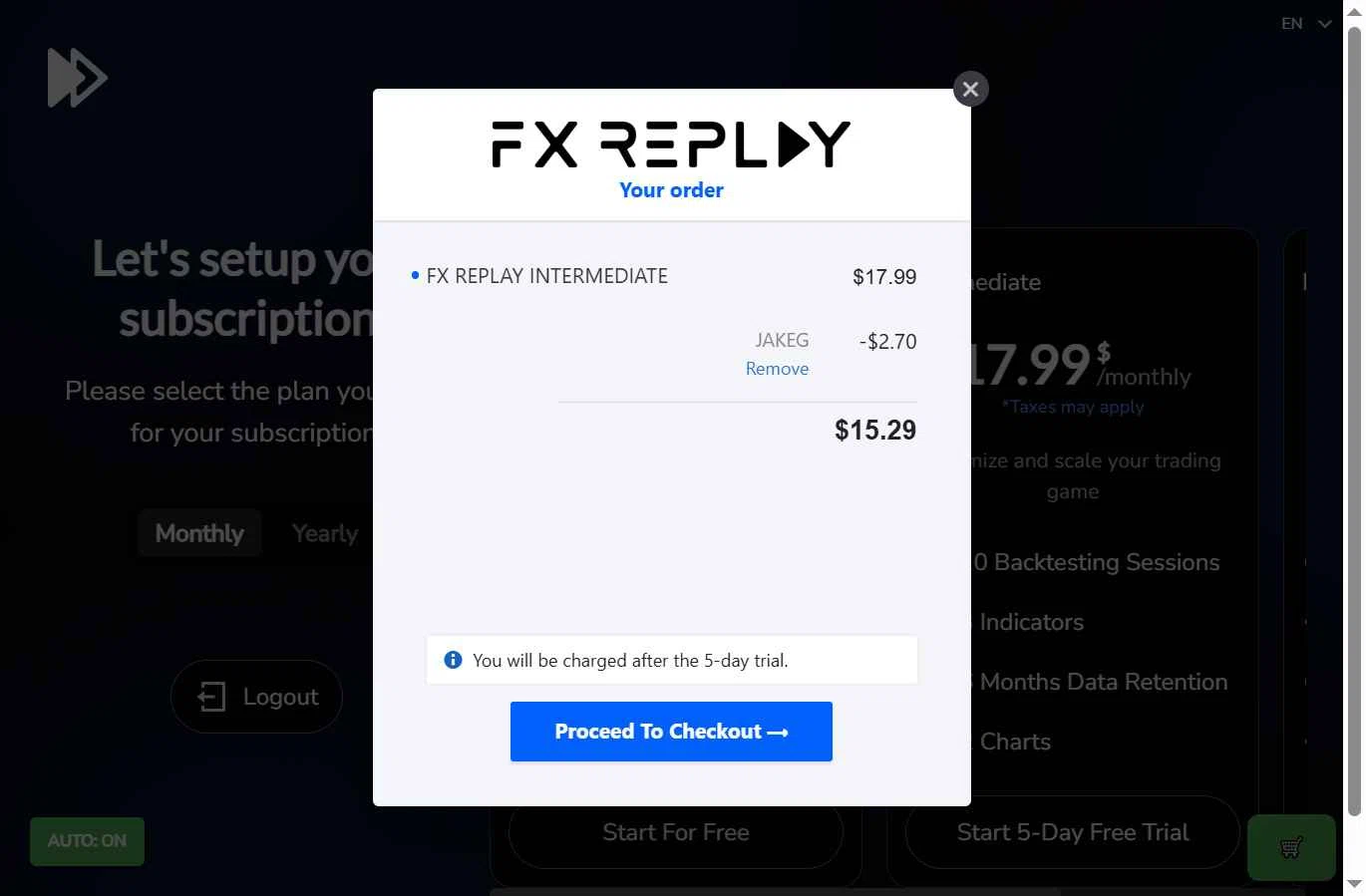 FX Replay checkout page showing FX Replay promo code box | Screenshot taken by SimplyCodes community member on Feb 1, 2026