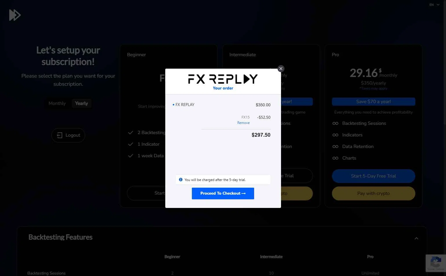 FX Replay checkout page showing FX Replay promo code box | Screenshot taken by SimplyCodes community member on Feb 9, 2026