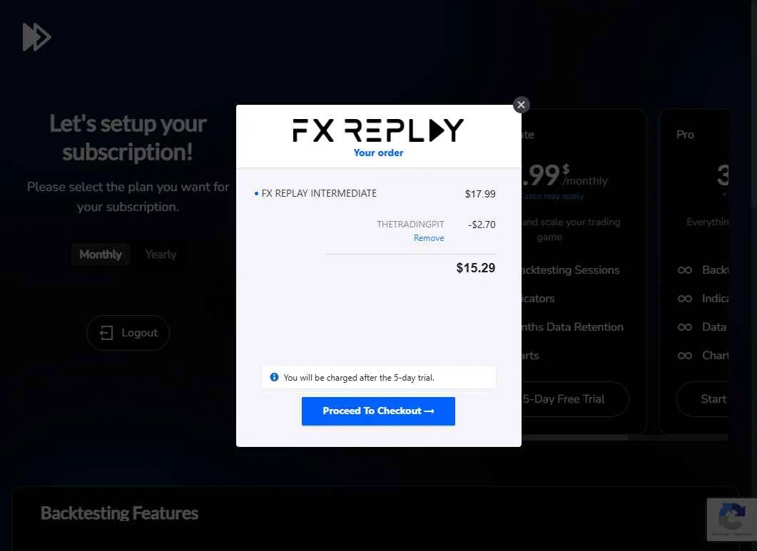 FX Replay checkout page showing FX Replay promo code box | Screenshot taken by SimplyCodes community member on Feb 1, 2026