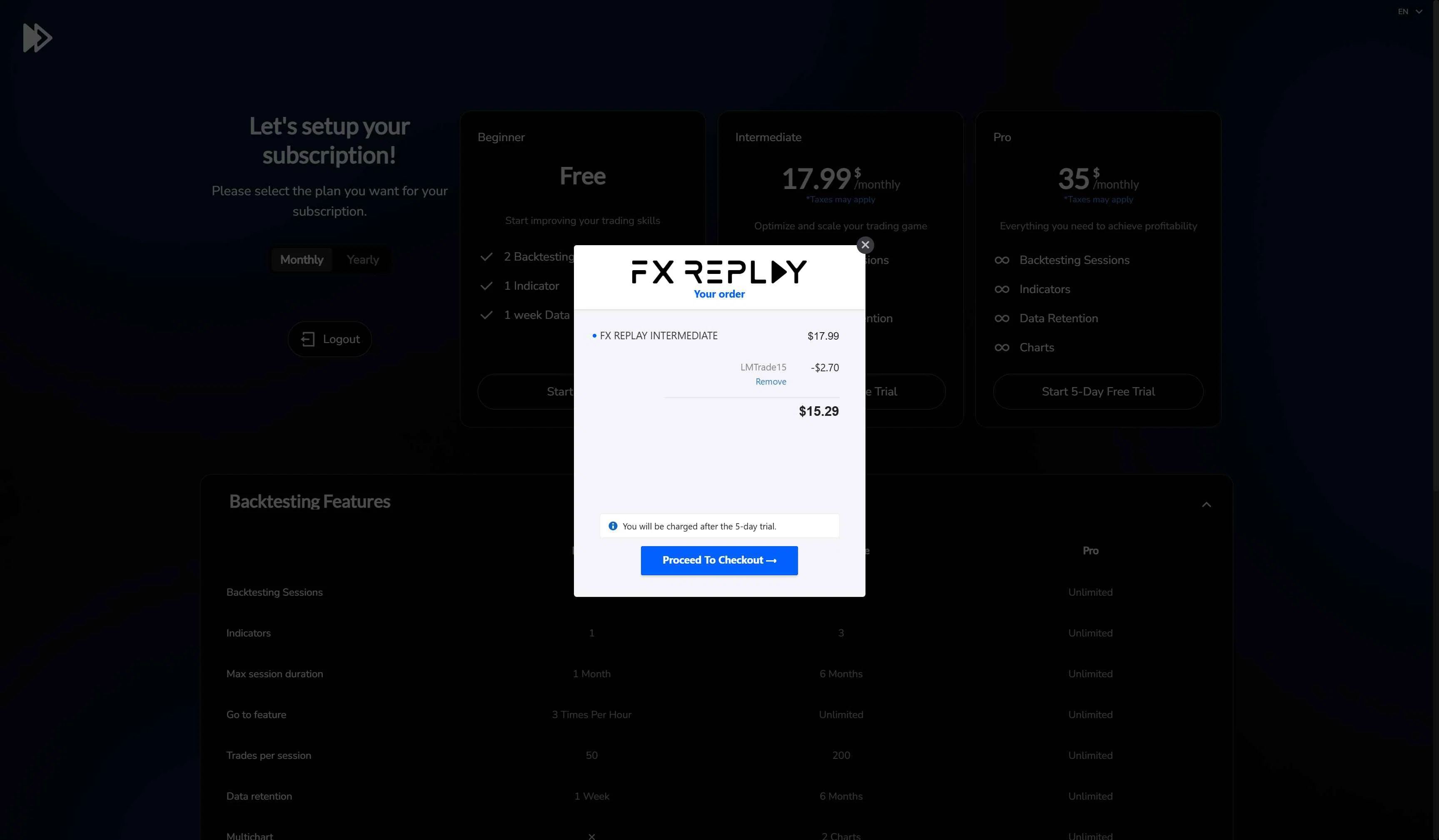 FX Replay checkout page showing FX Replay promo code box | Screenshot taken by SimplyCodes community member on Feb 1, 2026