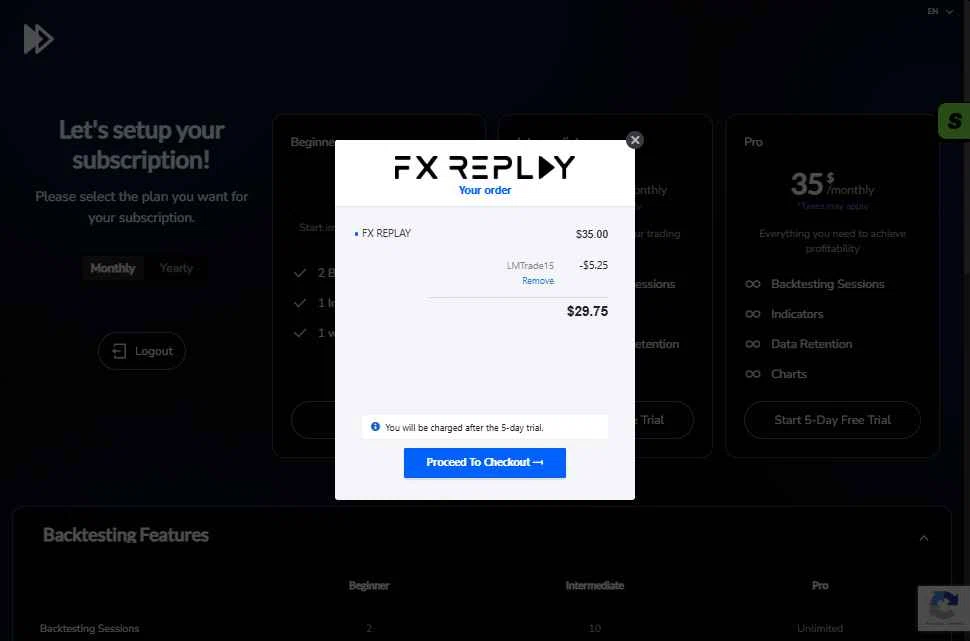 FX Replay checkout page showing FX Replay promo code box | Screenshot taken by SimplyCodes community member on Feb 9, 2026