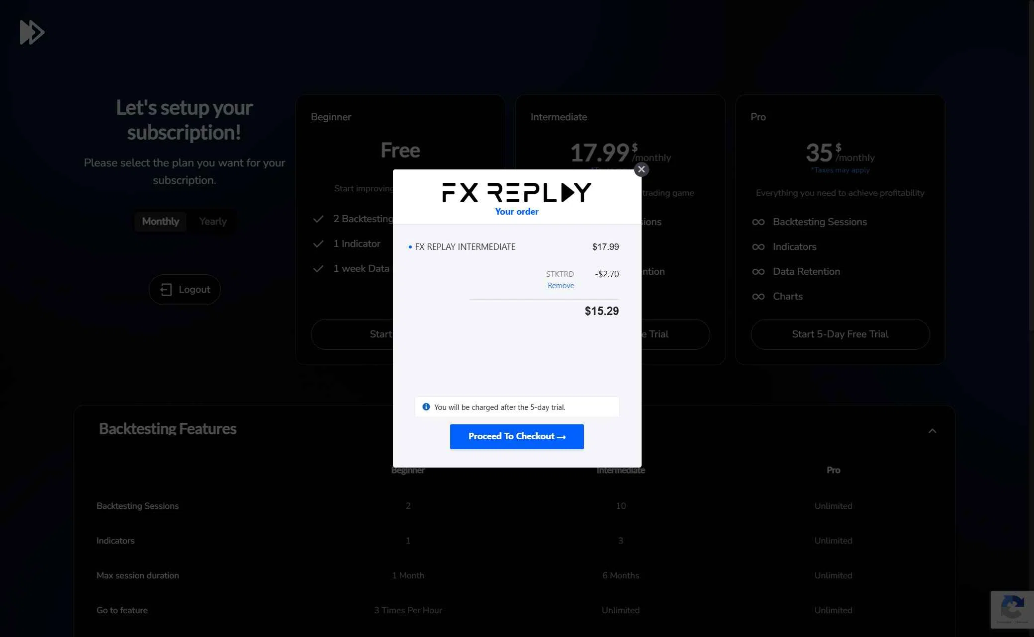 FX Replay checkout page showing FX Replay promo code box | Screenshot taken by SimplyCodes community member on Feb 9, 2026