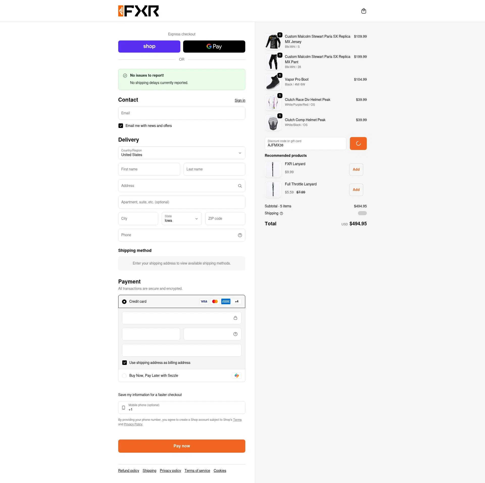 FXR Racing checkout page showing FXR Racing promo code box | Screenshot taken by SimplyCodes community member on Feb 8, 2026