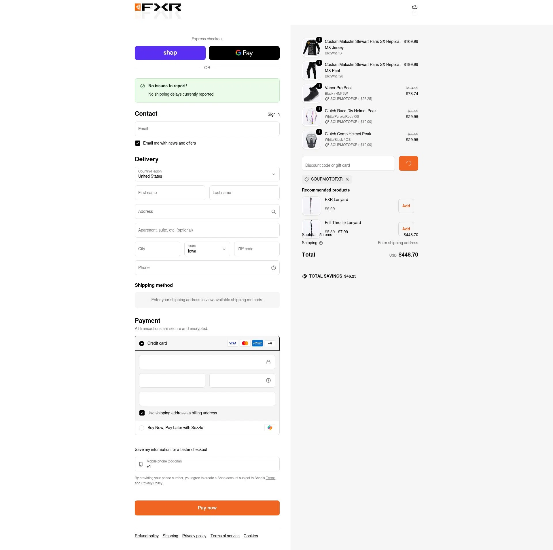 FXR Racing checkout page showing FXR Racing promo code box | Screenshot taken by SimplyCodes community member on Feb 8, 2026
