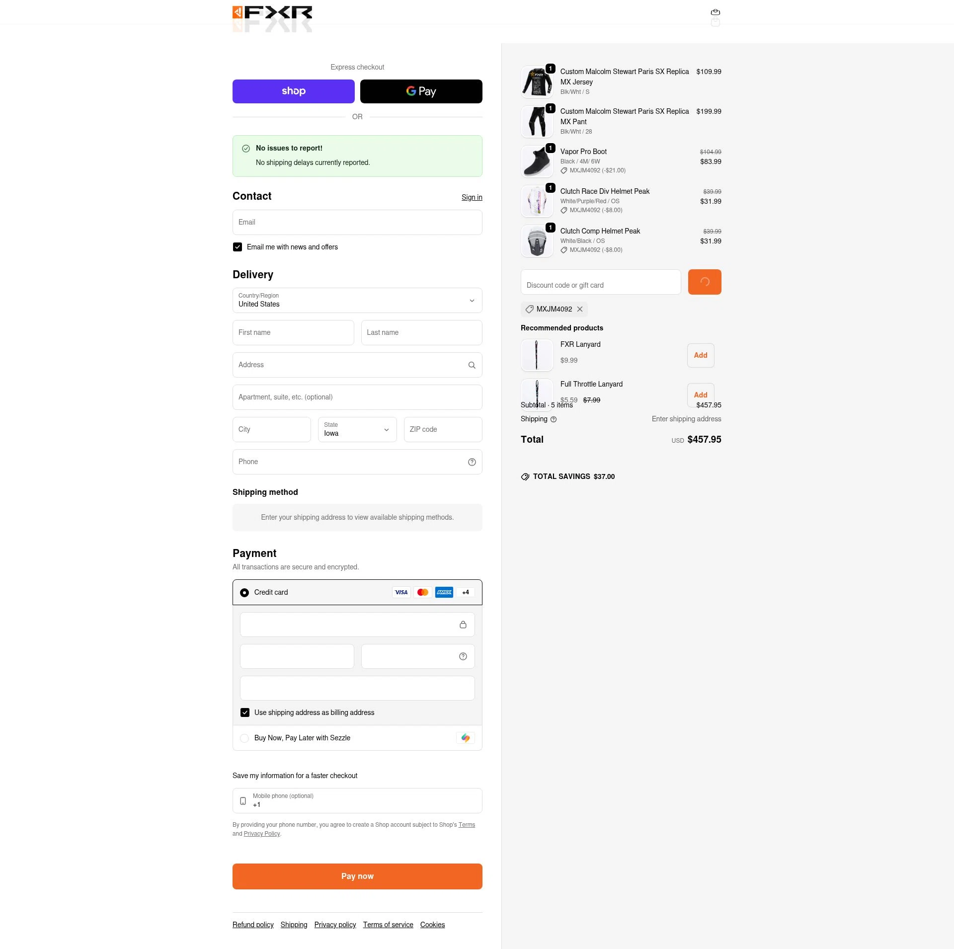 FXR Racing checkout page showing FXR Racing promo code box | Screenshot taken by SimplyCodes community member on Feb 8, 2026
