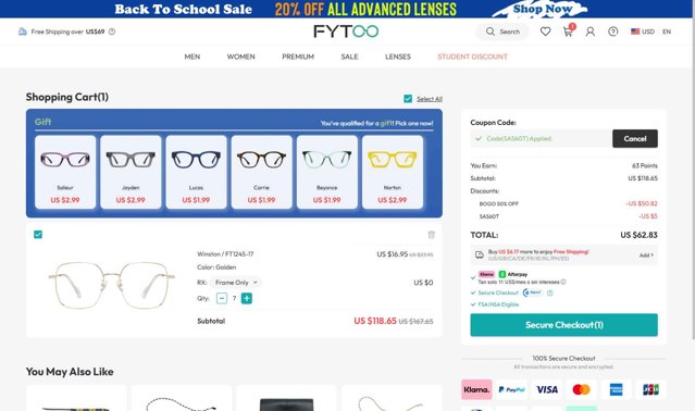 Fytoo checkout page showing Fytoo coupon code box | Screenshot taken by SimplyCodes community member on Aug 20, 2025