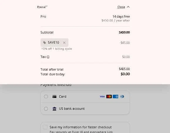 Fyxer.ai checkout page showing Fyxer.ai promo code box | Screenshot taken by SimplyCodes community member on Sep 19, 2025