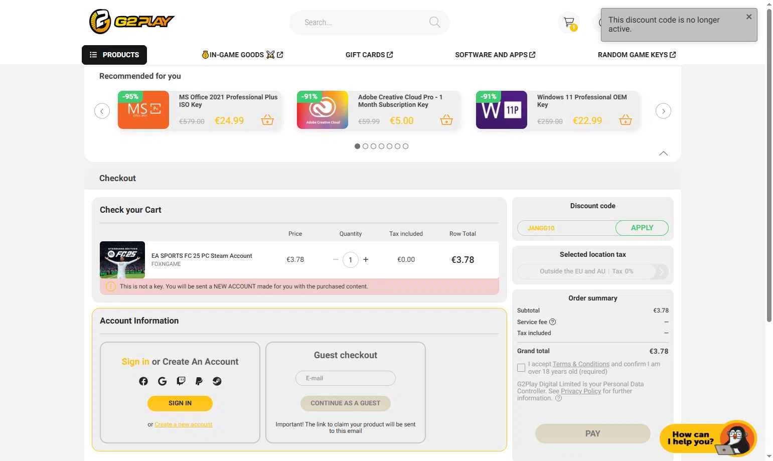 G2PLAY.NET checkout page showing G2PLAY.NET promo code box | Screenshot taken by SimplyCodes community member on Feb 7, 2026