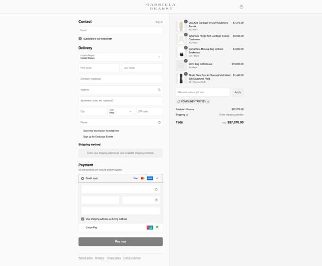 Gabriela Hearst checkout page showing Gabriela Hearst promo code box | Screenshot taken by SimplyCodes community member on Sep 14, 2025