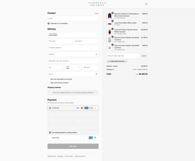 Gabriela Hearst checkout page showing Gabriela Hearst promo code box | Screenshot taken by SimplyCodes community member on Aug 28, 2025