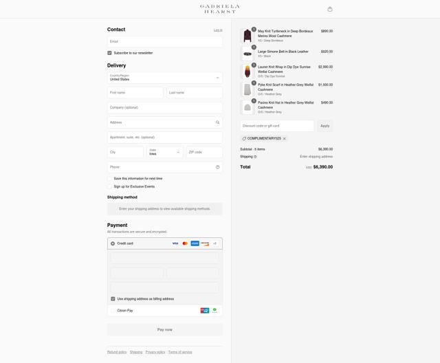 Gabriela Hearst checkout page showing Gabriela Hearst promo code box | Screenshot taken by SimplyCodes community member on Aug 14, 2025