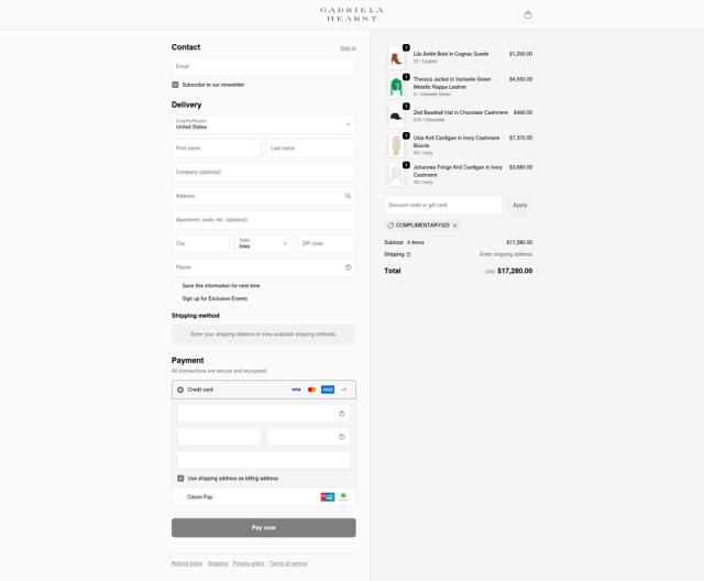Gabriela Hearst checkout page showing Gabriela Hearst promo code box | Screenshot taken by SimplyCodes community member on Sep 18, 2025