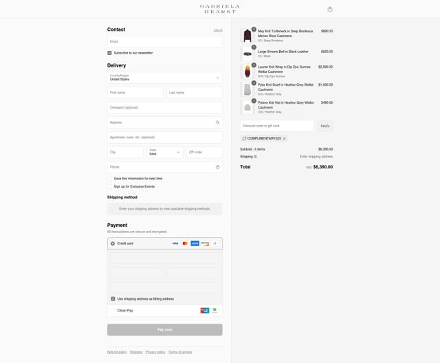 Gabriela Hearst checkout page showing Gabriela Hearst promo code box | Screenshot taken by SimplyCodes community member on Aug 19, 2025
