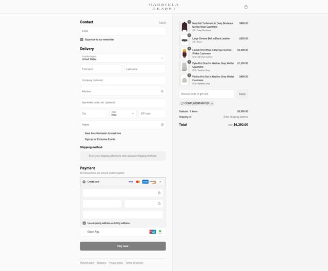 Gabriela Hearst checkout page showing Gabriela Hearst promo code box | Screenshot taken by SimplyCodes community member on Sep 6, 2025