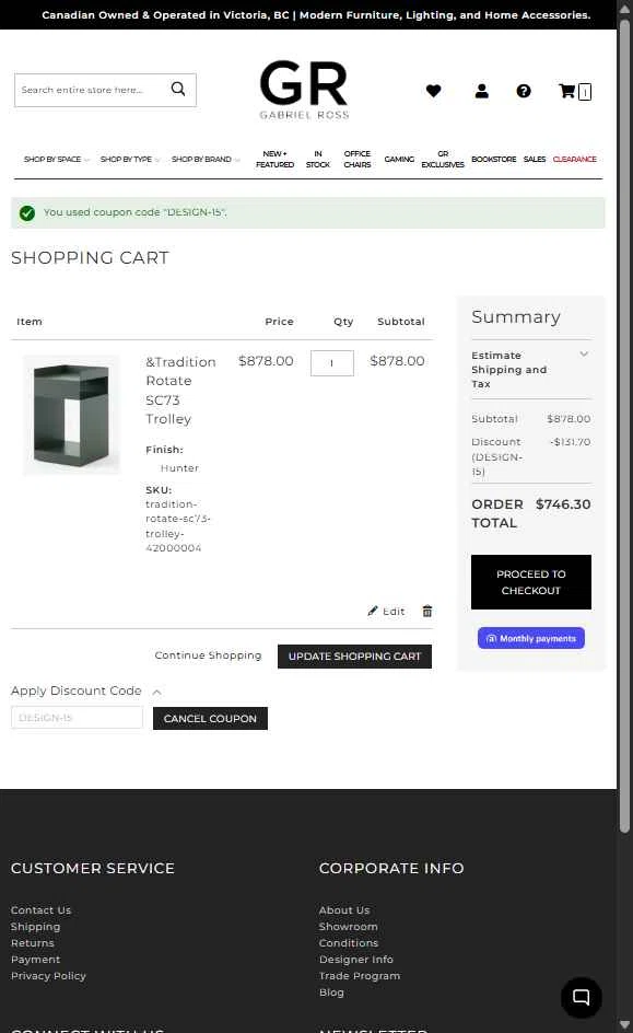 Gabriel Ross checkout page showing Gabriel Ross discount code box | Screenshot taken by SimplyCodes community member on May 3, 2025