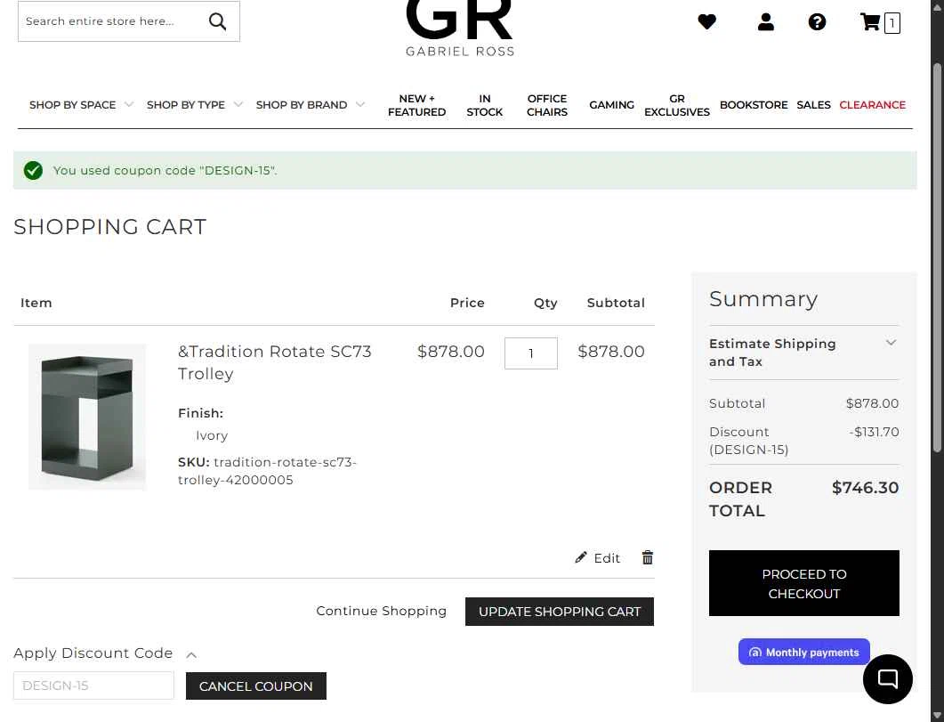 Gabriel Ross checkout page showing Gabriel Ross discount code box | Screenshot taken by SimplyCodes community member on May 3, 2025