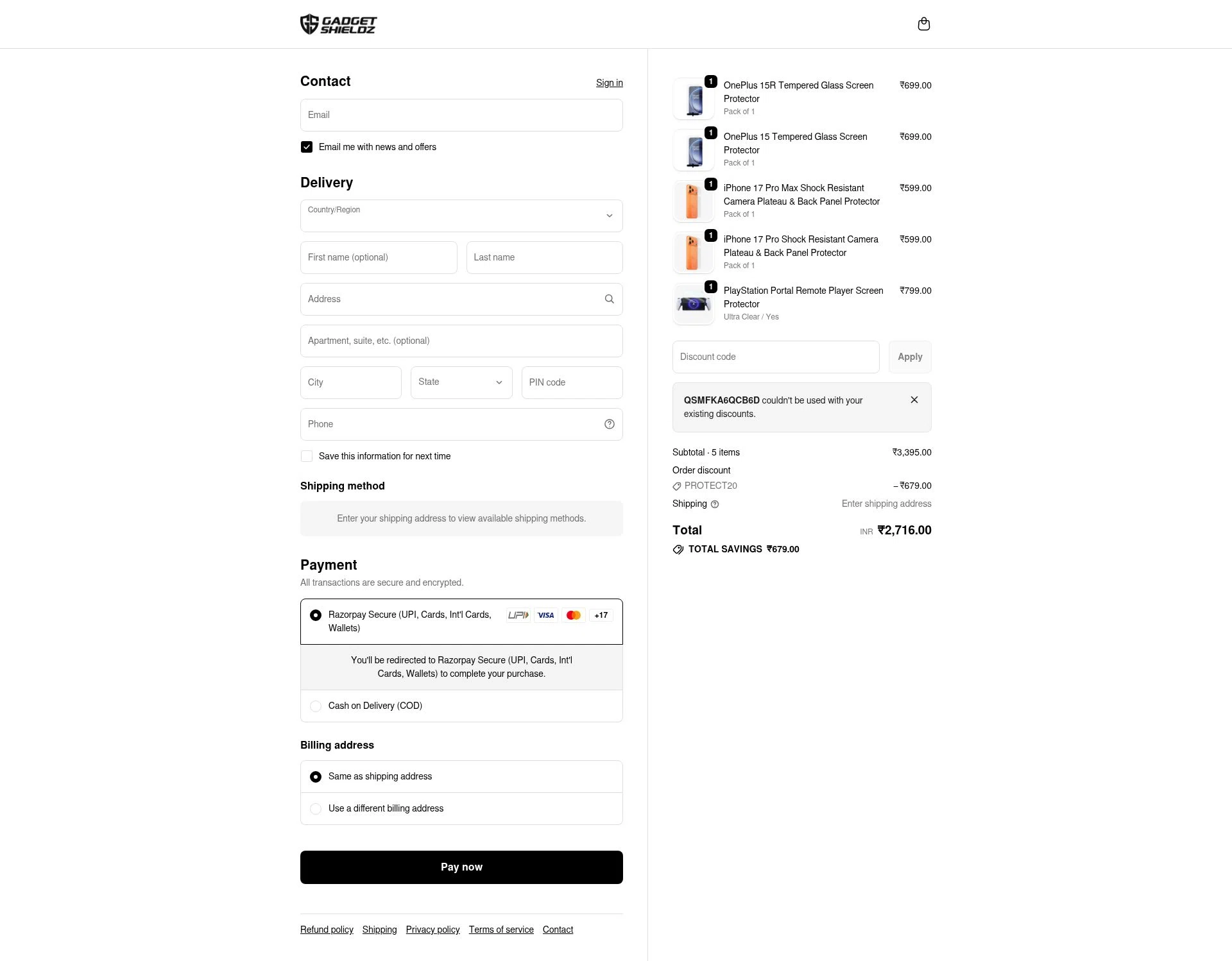 Gadgetshieldz checkout page showing Gadgetshieldz promo code box | Screenshot taken by SimplyCodes community member on Feb 2, 2026