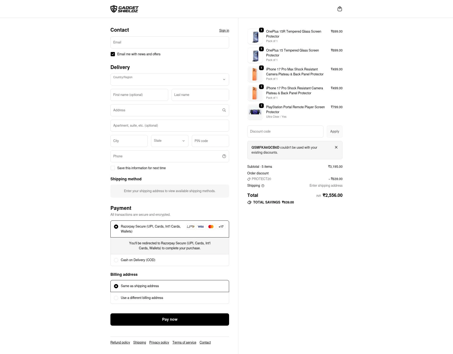 Gadgetshieldz checkout page showing Gadgetshieldz promo code box | Screenshot taken by SimplyCodes community member on Feb 11, 2026