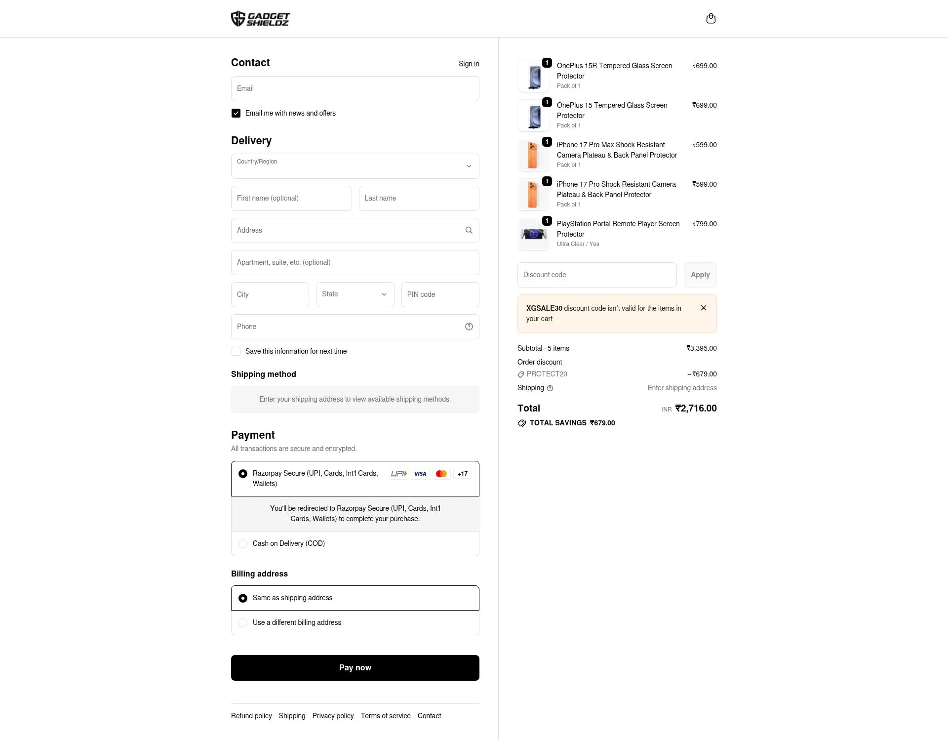 Gadgetshieldz checkout page showing Gadgetshieldz promo code box | Screenshot taken by SimplyCodes community member on Jan 29, 2026