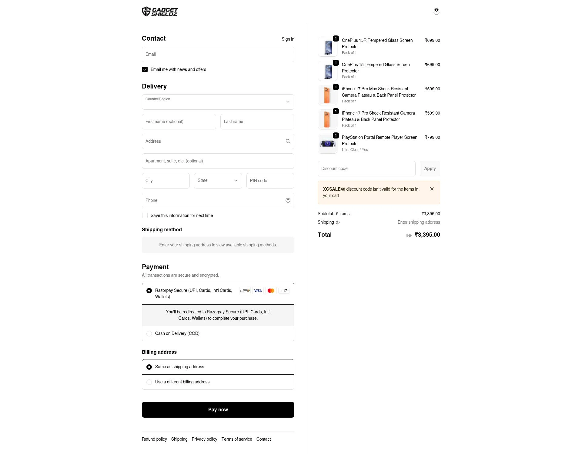 Gadgetshieldz checkout page showing Gadgetshieldz promo code box | Screenshot taken by SimplyCodes community member on Jan 24, 2026