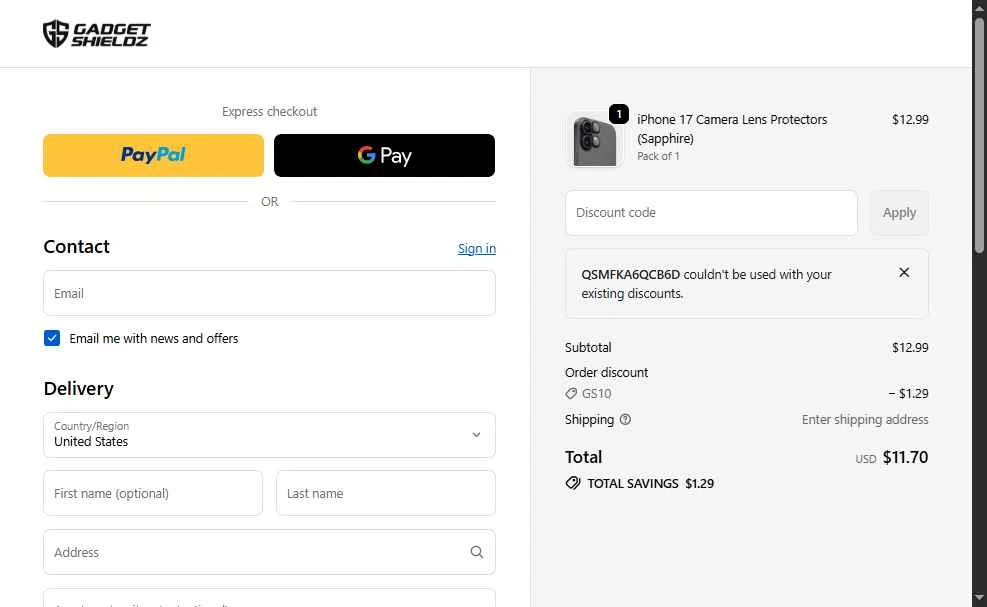 Gadgetshieldz checkout page showing Gadgetshieldz promo code box | Screenshot taken by SimplyCodes community member on Feb 12, 2026