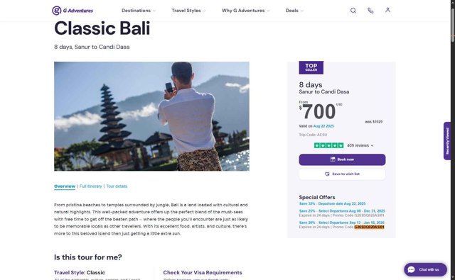 G Adventures checkout page showing G Adventures coupon code box | Screenshot taken by SimplyCodes community member on Aug 7, 2025