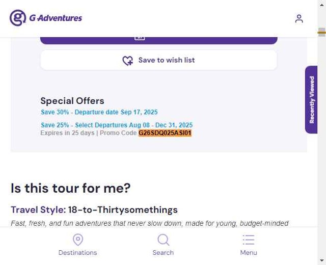 G Adventures checkout page showing G Adventures coupon code box | Screenshot taken by SimplyCodes community member on Aug 6, 2025