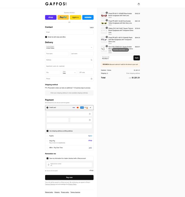 Gaffos.com checkout page showing Gaffos.com discount code box | Screenshot taken by SimplyCodes community member on Sep 4, 2025