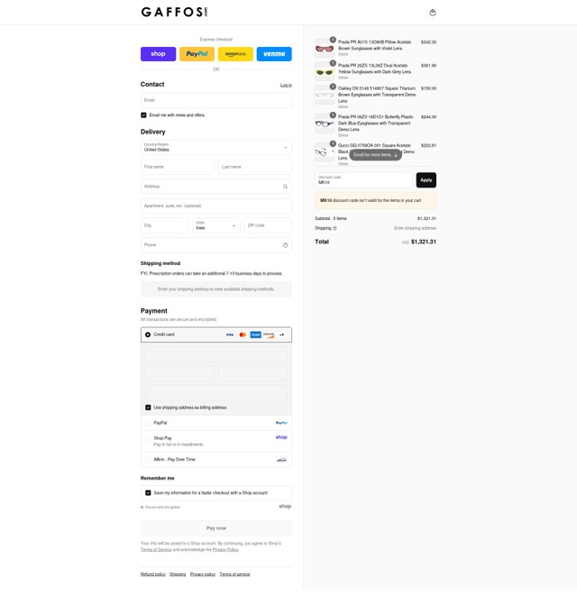 Gaffos.com checkout page showing Gaffos.com discount code box | Screenshot taken by SimplyCodes community member on Sep 4, 2025