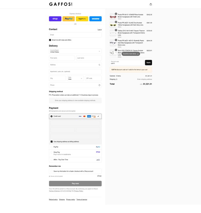 Gaffos.com checkout page showing Gaffos.com discount code box | Screenshot taken by SimplyCodes community member on Sep 4, 2025