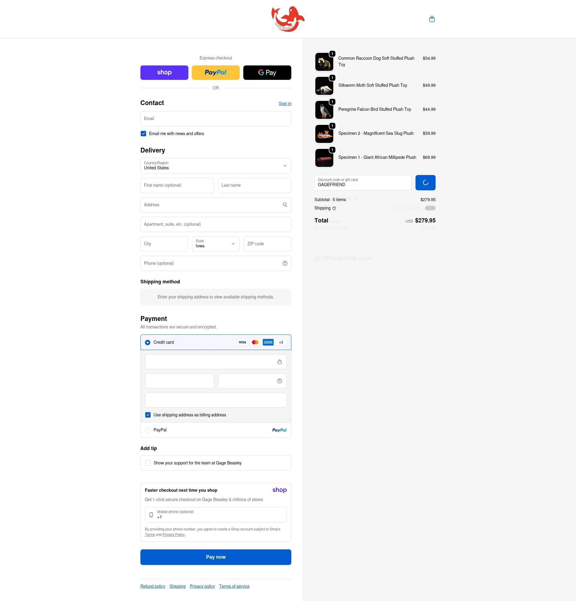 Gage Beasley checkout page showing Gage Beasley discount code box | Screenshot taken by SimplyCodes community member on Jan 8, 2026