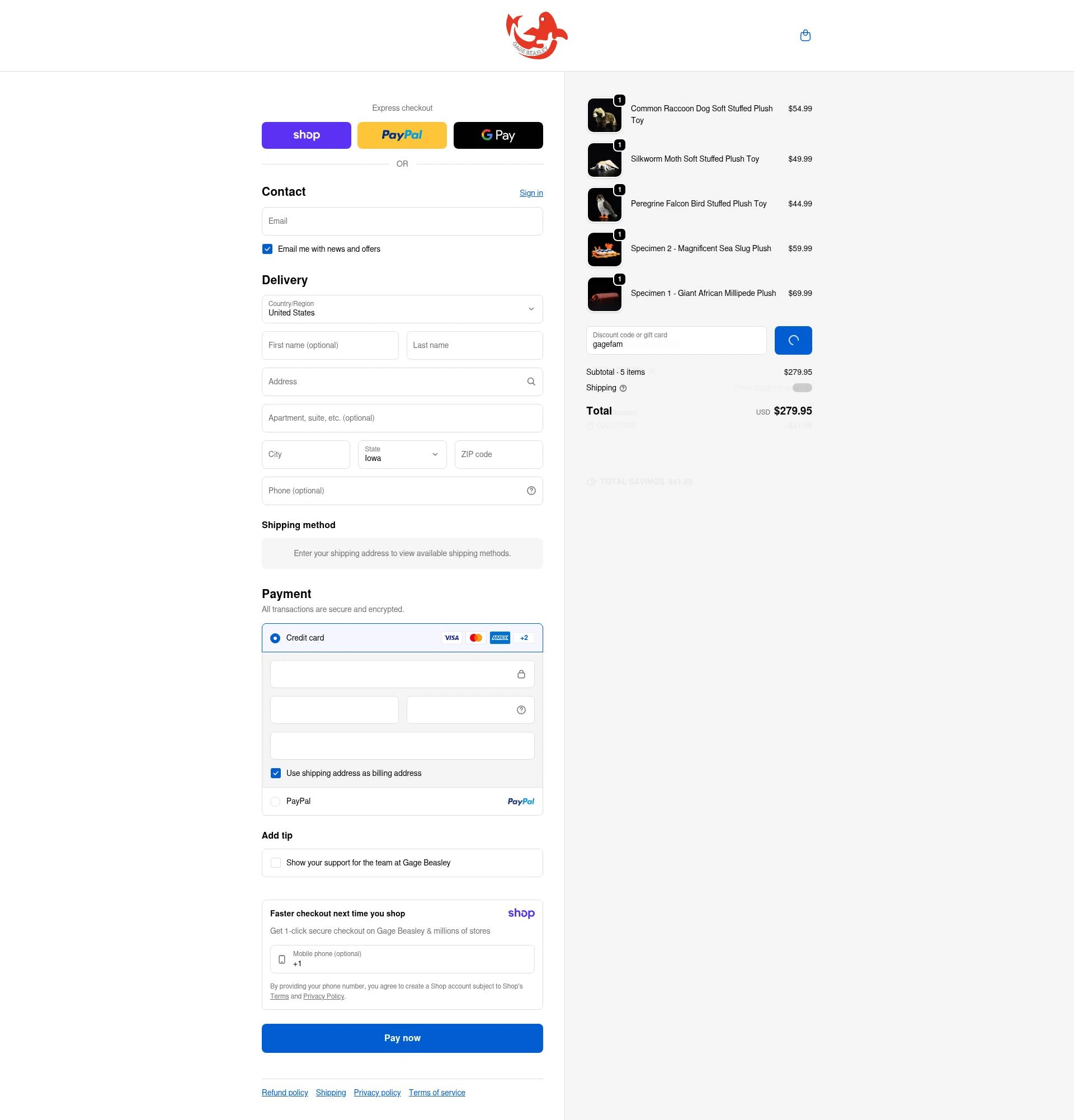 Gage Beasley checkout page showing Gage Beasley discount code box | Screenshot taken by SimplyCodes community member on Jan 8, 2026