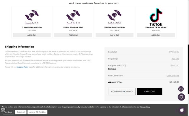 Gage Diamonds checkout page showing Gage Diamonds coupon code box | Screenshot taken by SimplyCodes community member on May 5, 2025