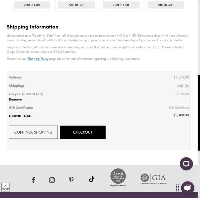 Gage Diamonds checkout page showing Gage Diamonds coupon code box | Screenshot taken by SimplyCodes community member on May 5, 2025