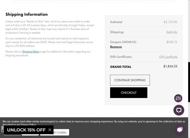 Gage Diamonds checkout page showing Gage Diamonds coupon code box | Screenshot taken by SimplyCodes community member on Apr 29, 2025