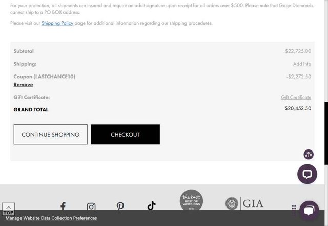 Gage Diamonds checkout page showing Gage Diamonds coupon code box | Screenshot taken by SimplyCodes community member on May 5, 2025