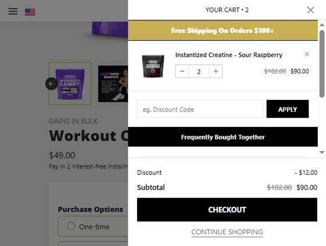 Gains in Bulk checkout page showing Gains in Bulk coupon code box | Screenshot taken by SimplyCodes community member on Sep 11, 2025