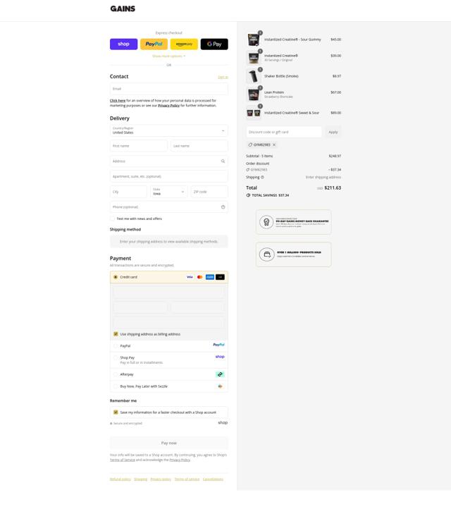 Gains in Bulk checkout page showing Gains in Bulk coupon code box | Screenshot taken by SimplyCodes community member on Sep 10, 2025