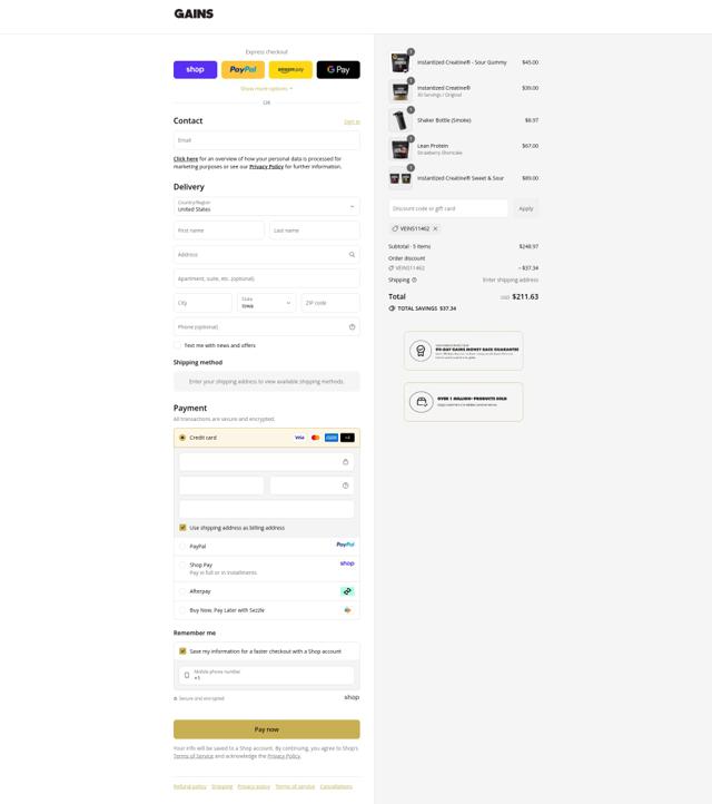 Gains in Bulk checkout page showing Gains in Bulk coupon code box | Screenshot taken by SimplyCodes community member on Sep 10, 2025