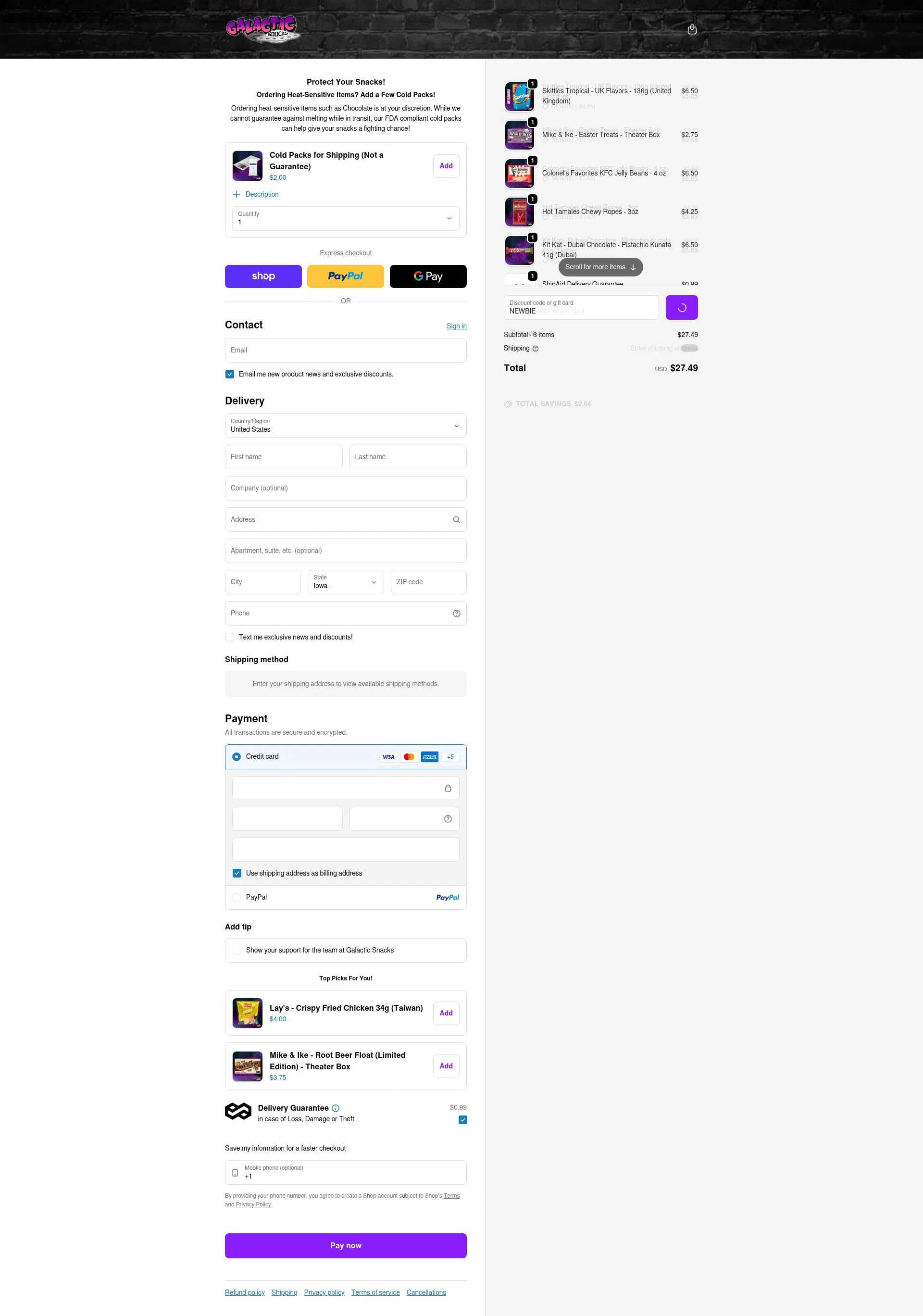 Galactic Snacks checkout page showing Galactic Snacks discount code box | Screenshot taken by SimplyCodes community member on Feb 5, 2026