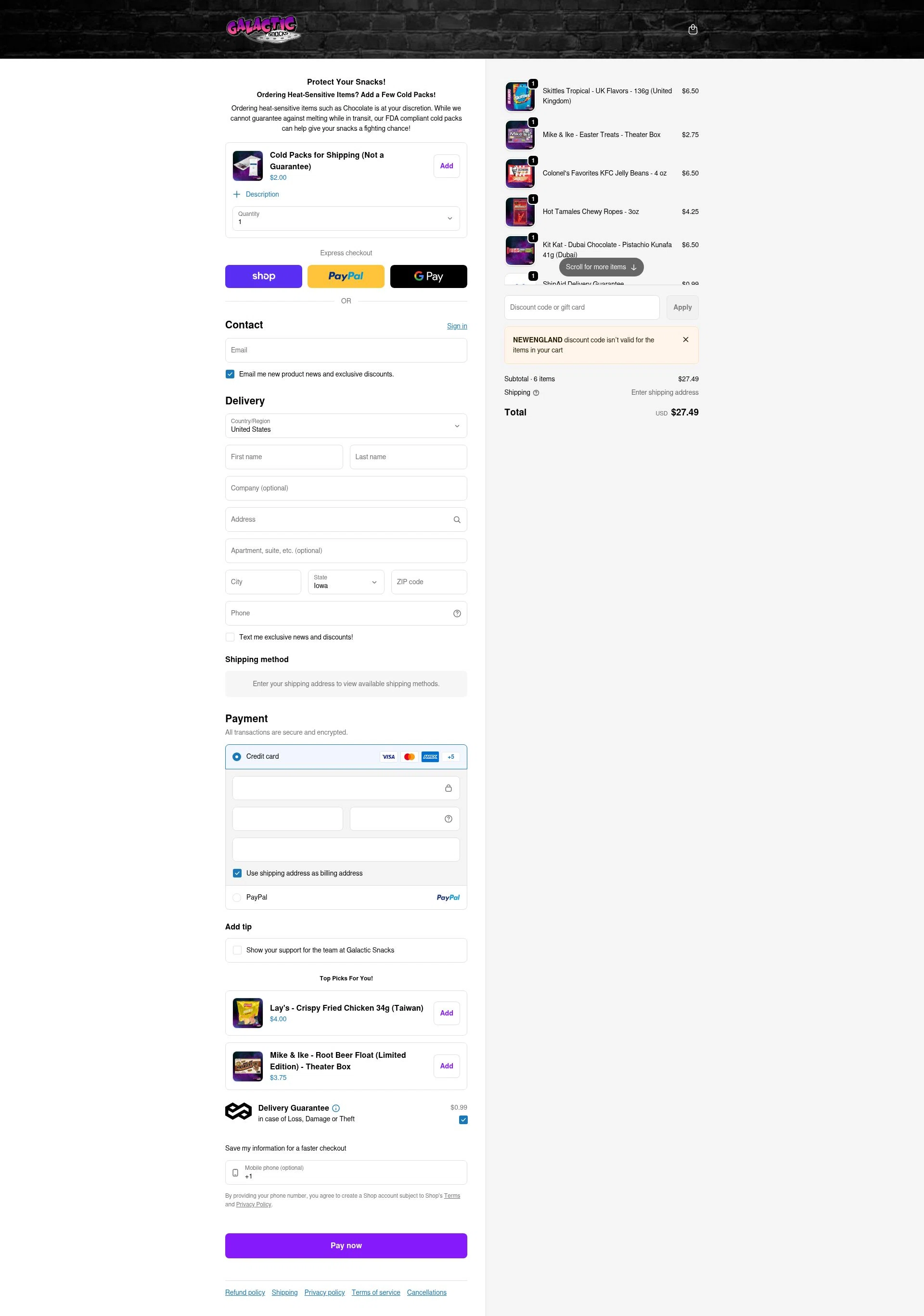 Galactic Snacks checkout page showing Galactic Snacks discount code box | Screenshot taken by SimplyCodes community member on Feb 5, 2026