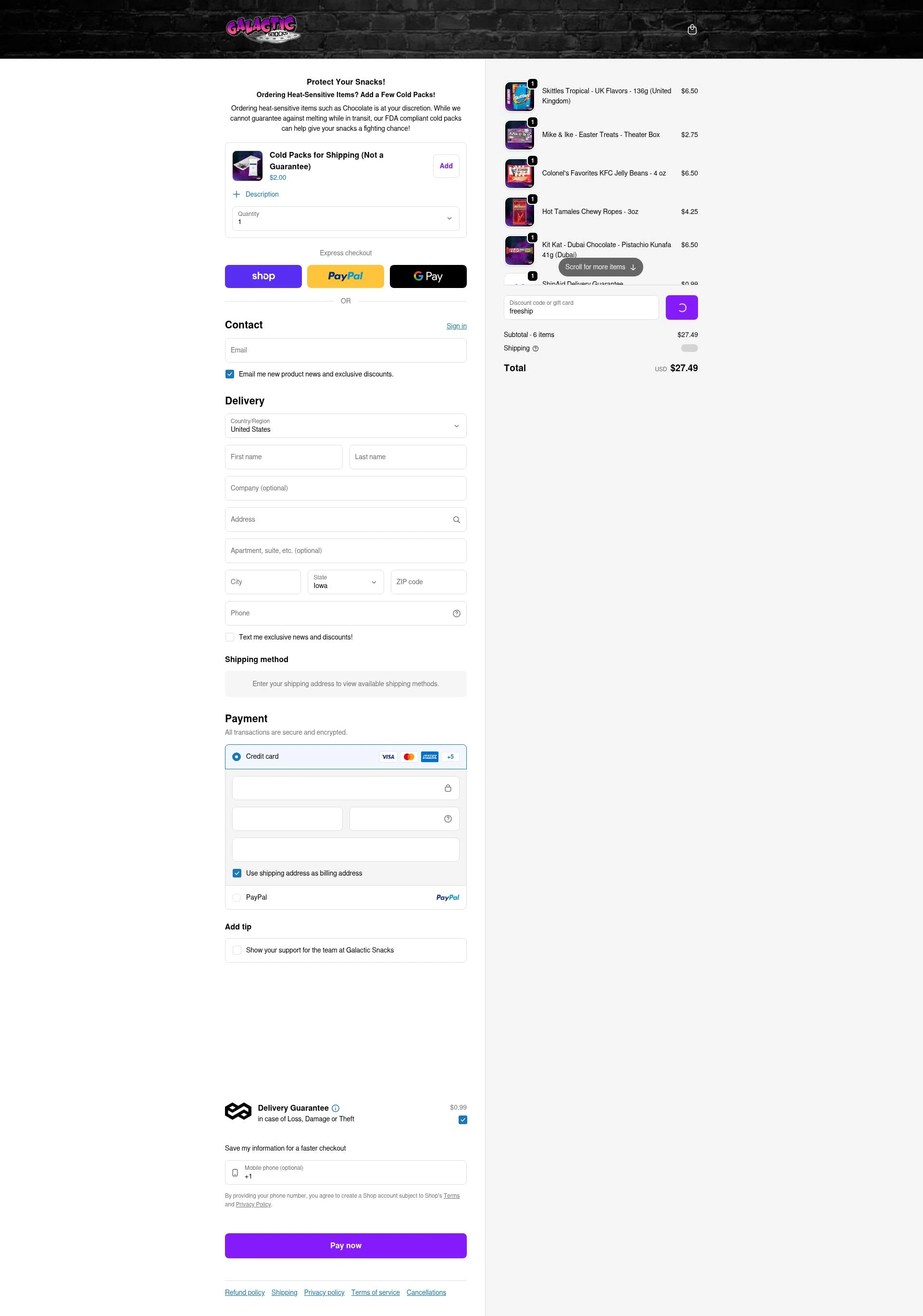 Galactic Snacks checkout page showing Galactic Snacks discount code box | Screenshot taken by SimplyCodes community member on Feb 5, 2026