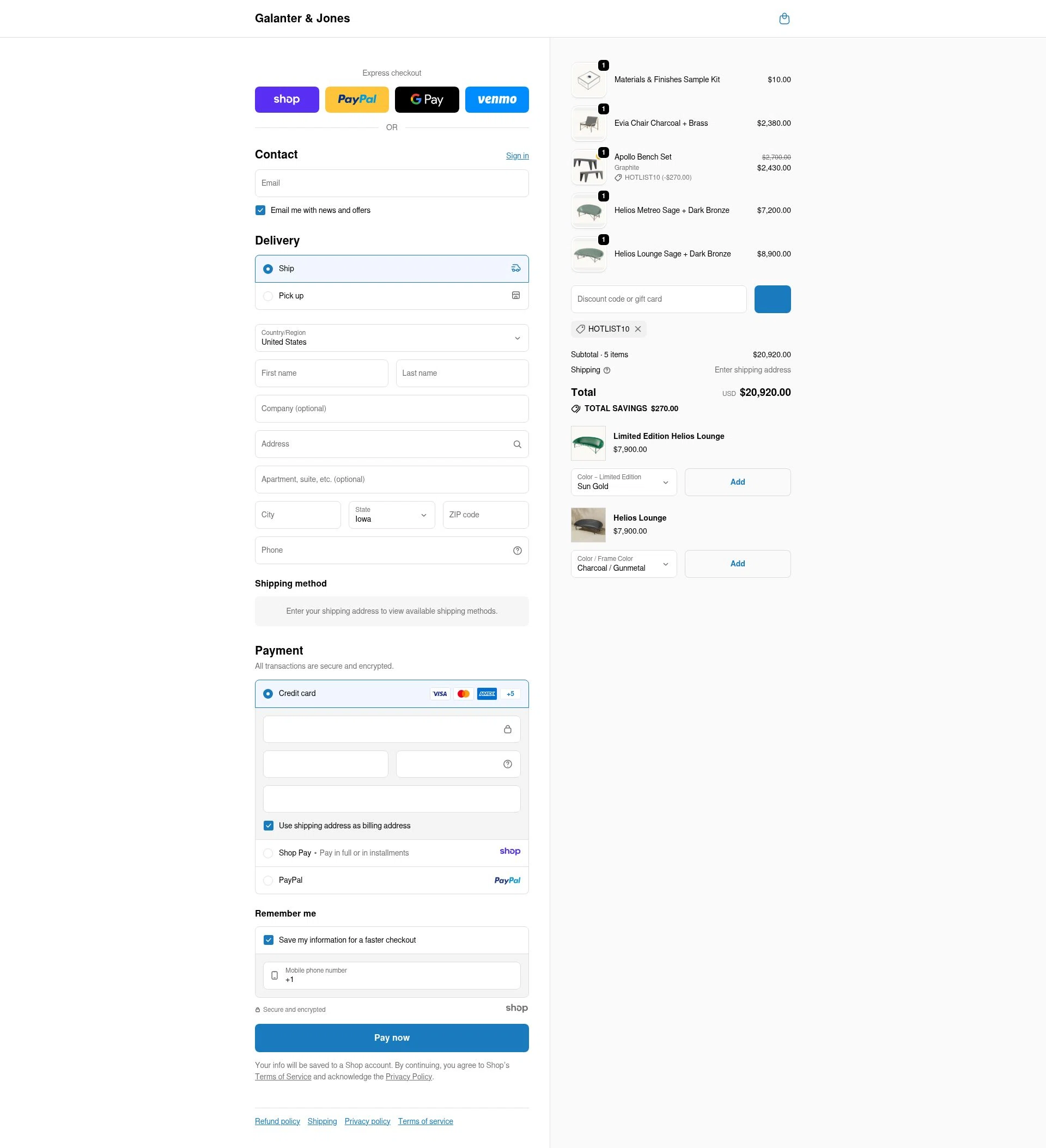 Galanter & Jones checkout page showing Galanter & Jones promo code box | Screenshot taken by SimplyCodes community member on Jan 2, 2026
