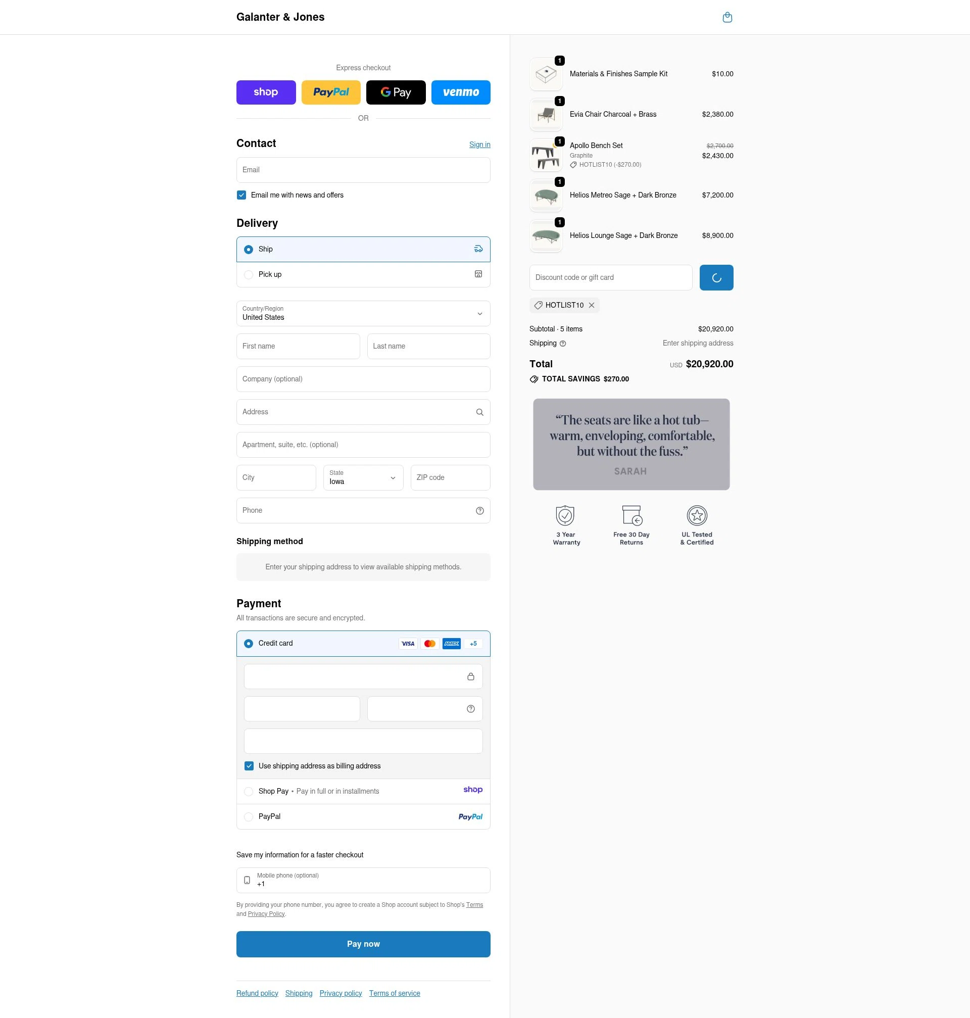 Galanter & Jones checkout page showing Galanter & Jones promo code box | Screenshot taken by SimplyCodes community member on Jan 8, 2026