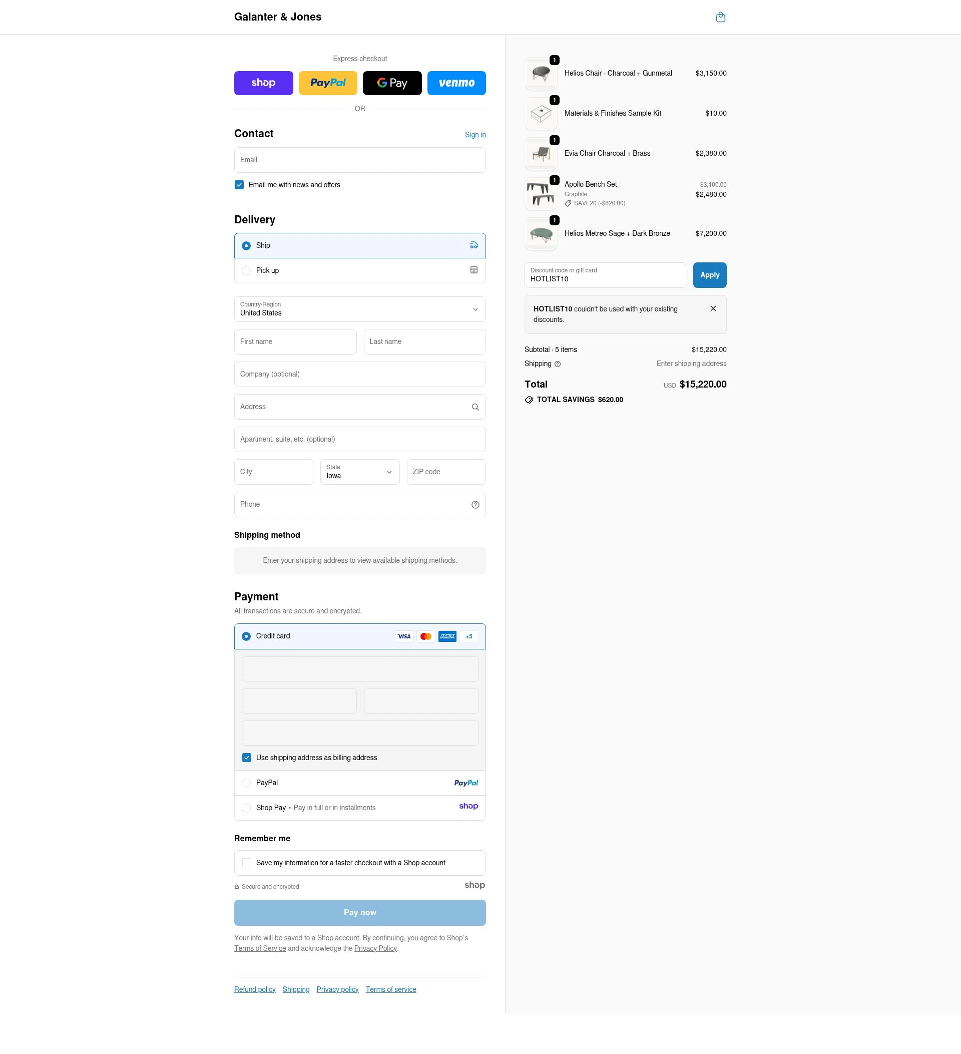 Galanter & Jones checkout page showing Galanter & Jones promo code box | Screenshot taken by SimplyCodes community member on Nov 30, 2025